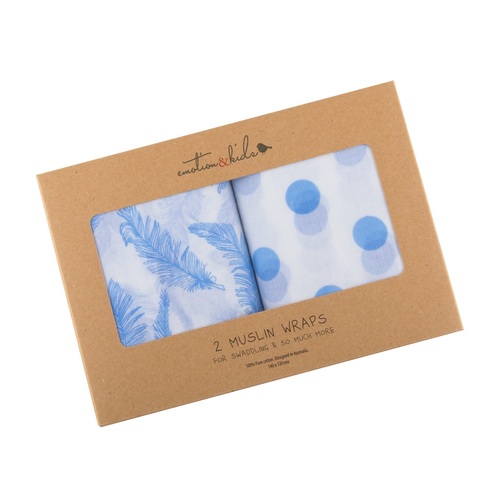 BLUE FEATHER & BLUE SPOT MUSLIN WRAP 2 PACK