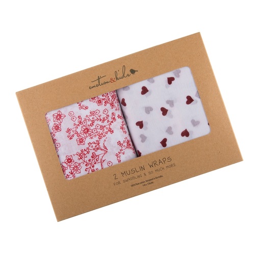 JAPANESE BLOSSOM & RED HEARTS MUSLIN WRAP 2 PACK