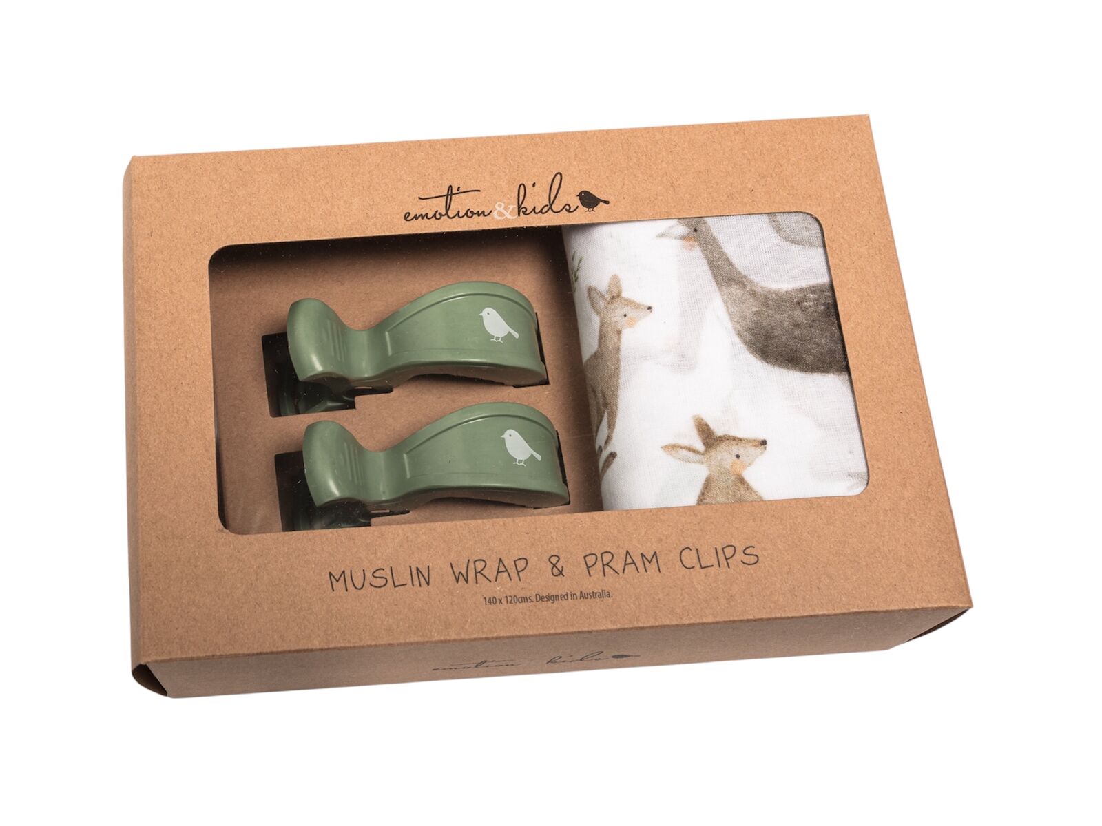 Muslin wrap and pram clips set in packaging with 'Emotion & Kids' branding.