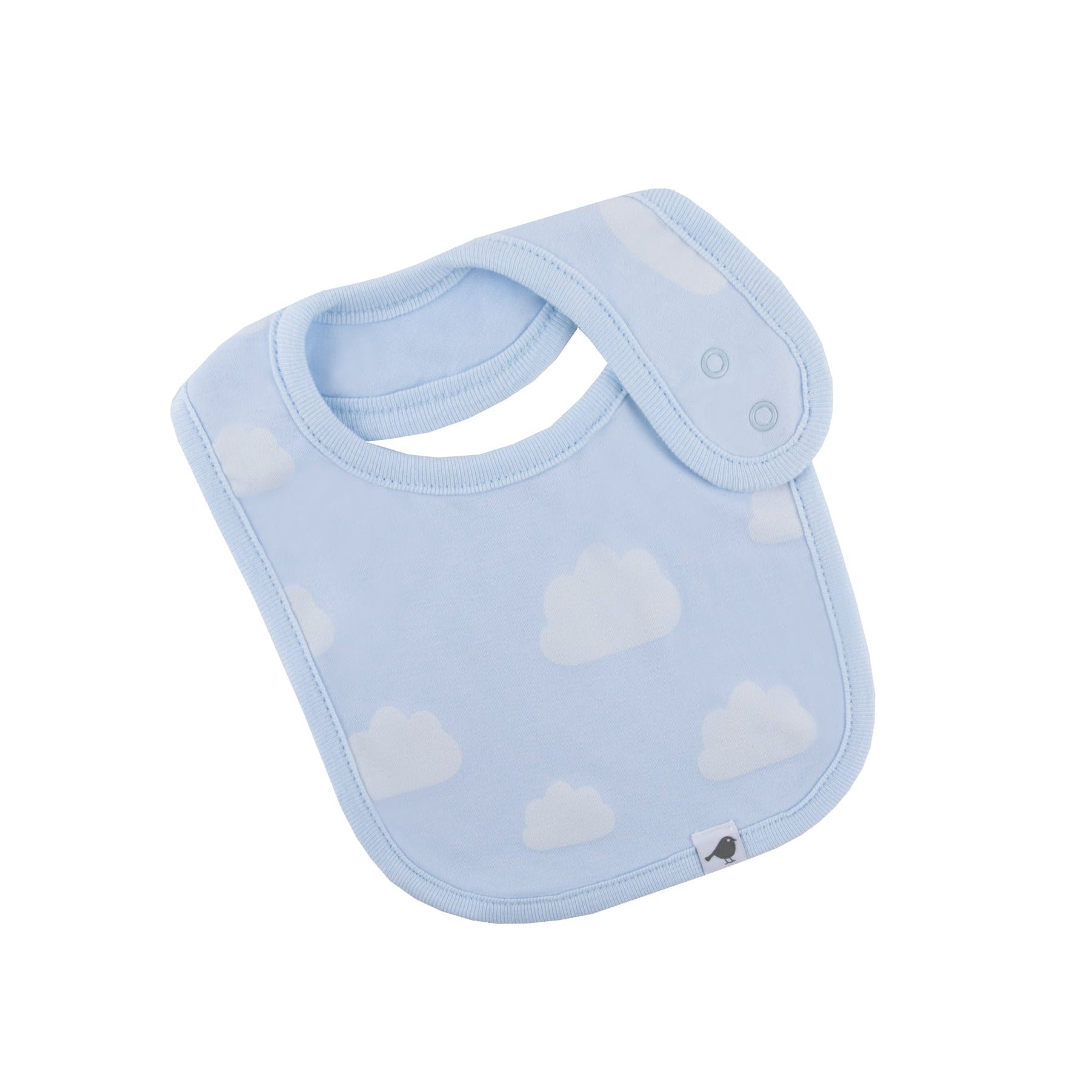 Blue baby bib with white clouds