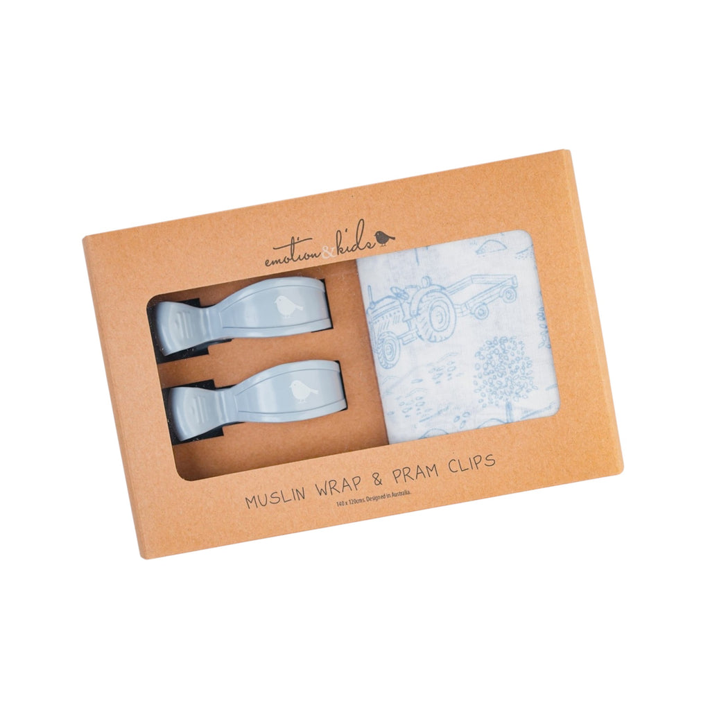 Dusty Blue Vintage Farm Muslin Wrap & Pram Clip Set
