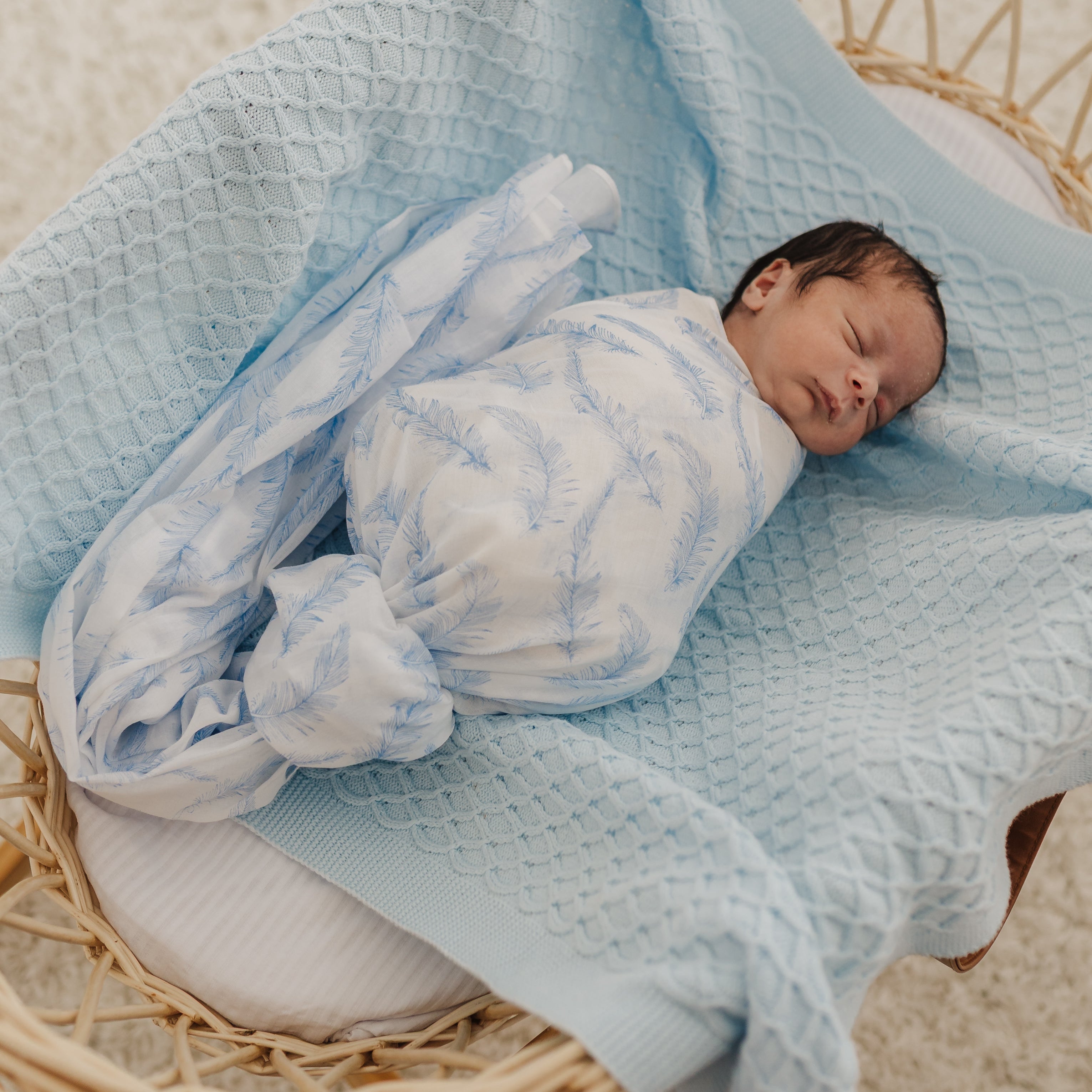 Blue Feather Muslin Wrap & Blue White Pram Clip Set