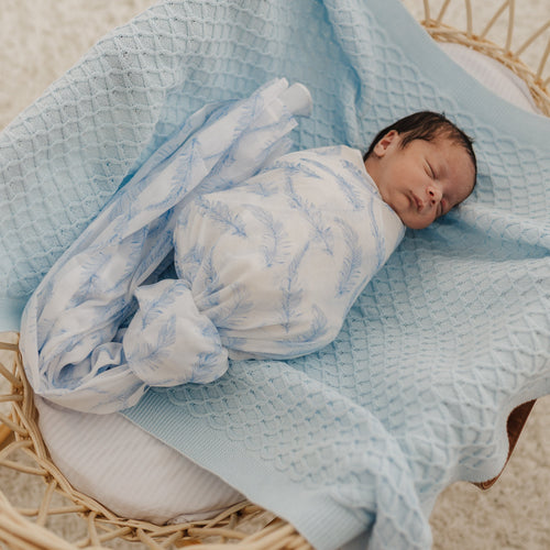 Blue Feather Muslin Wrap & Blue White Pram Clip Set