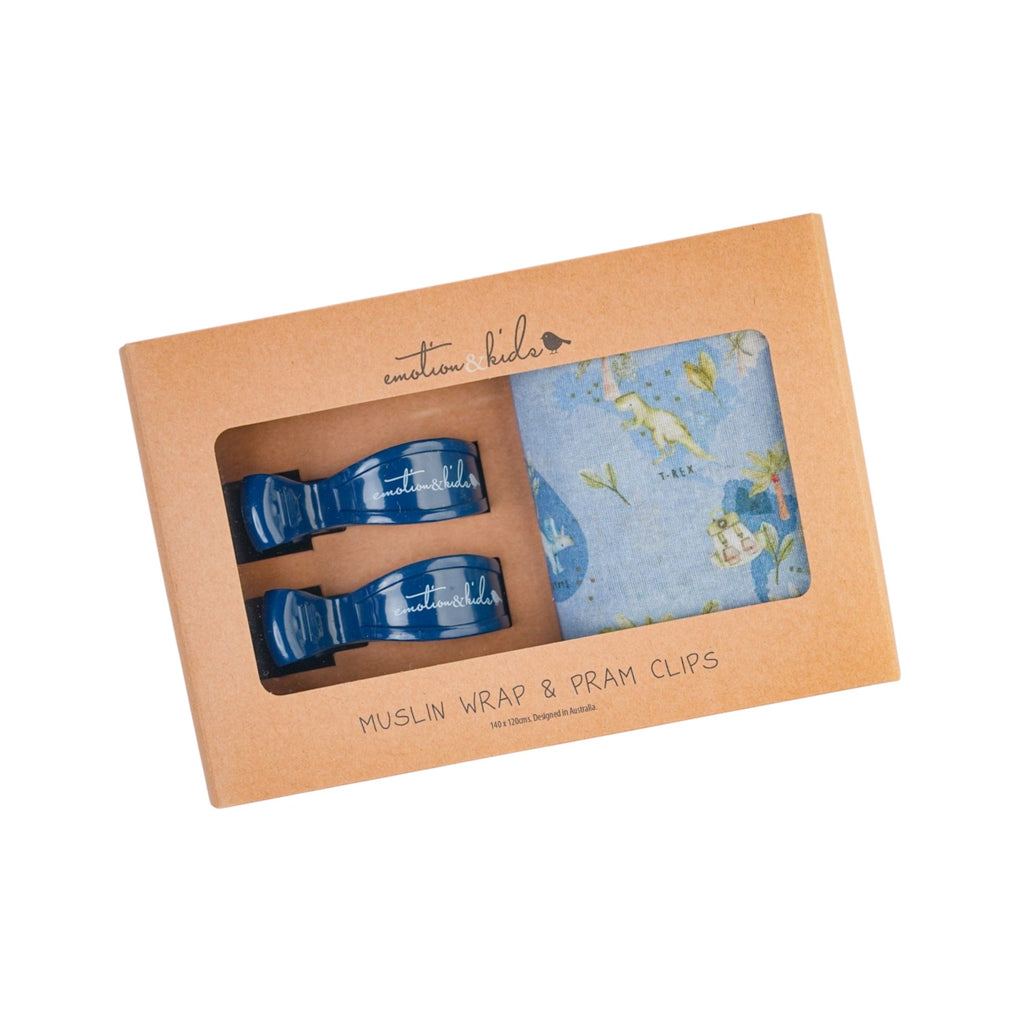 Dinosaurs of the World Muslin Wrap & Navy Pram Clip Set
