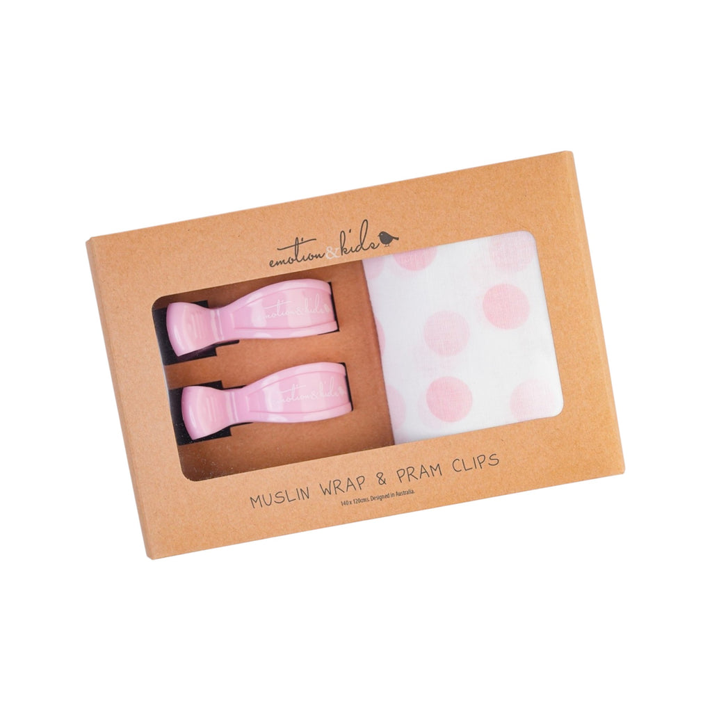 Pink Spot Muslin with Pink and White Pram Clip Set