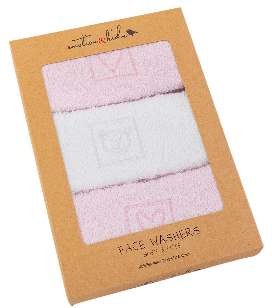Pink Heart & White Teddy Bear Face Washer 3 Pack