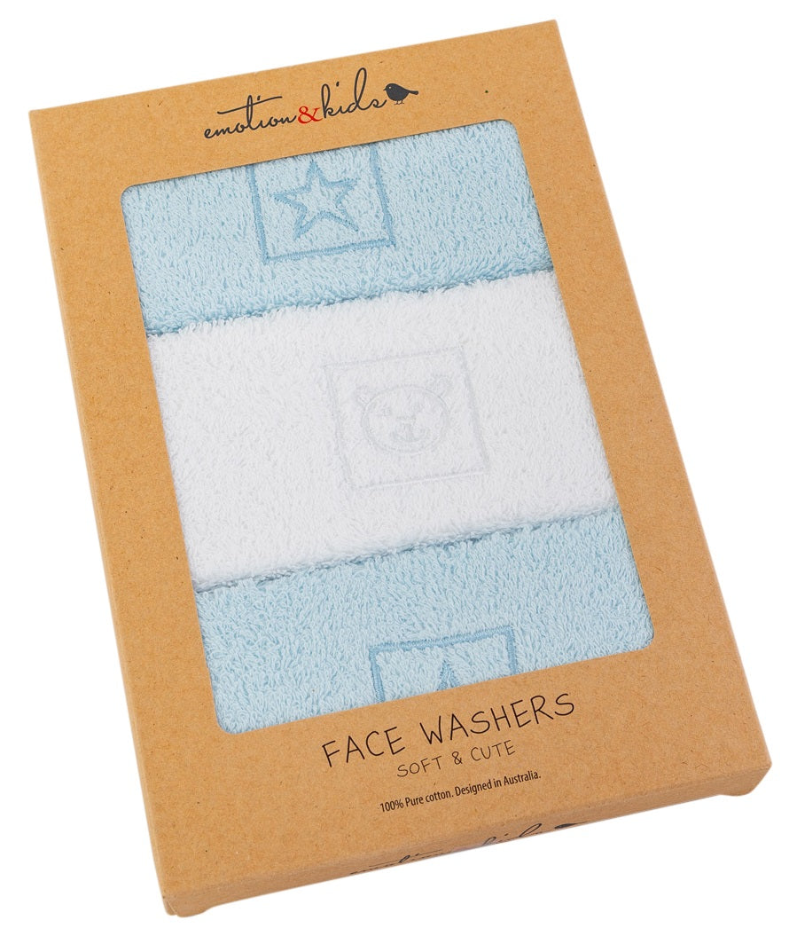 Blue Star & White Teddy Bear Face Washer 3 Pack