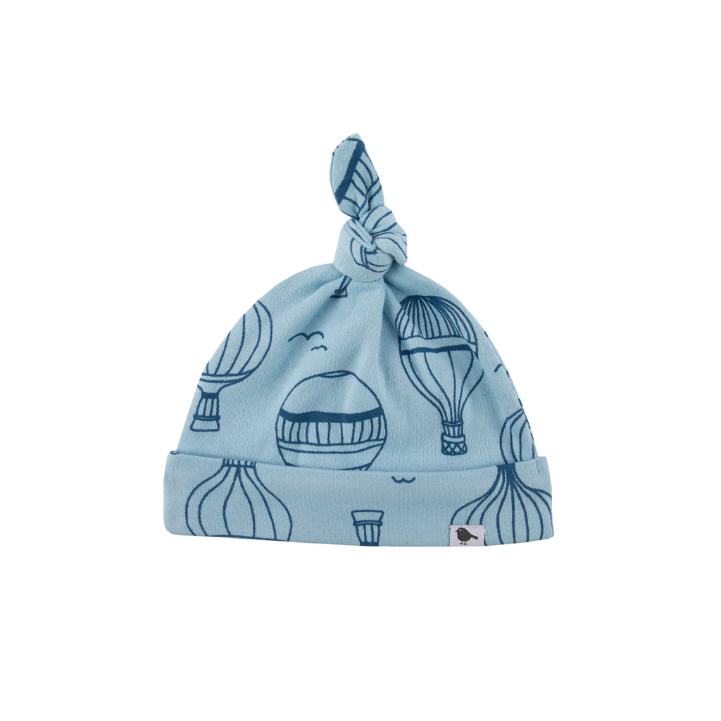 Blue baby hat with hot air balloon pattern 