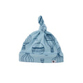 Blue baby hat with hot air balloon pattern 