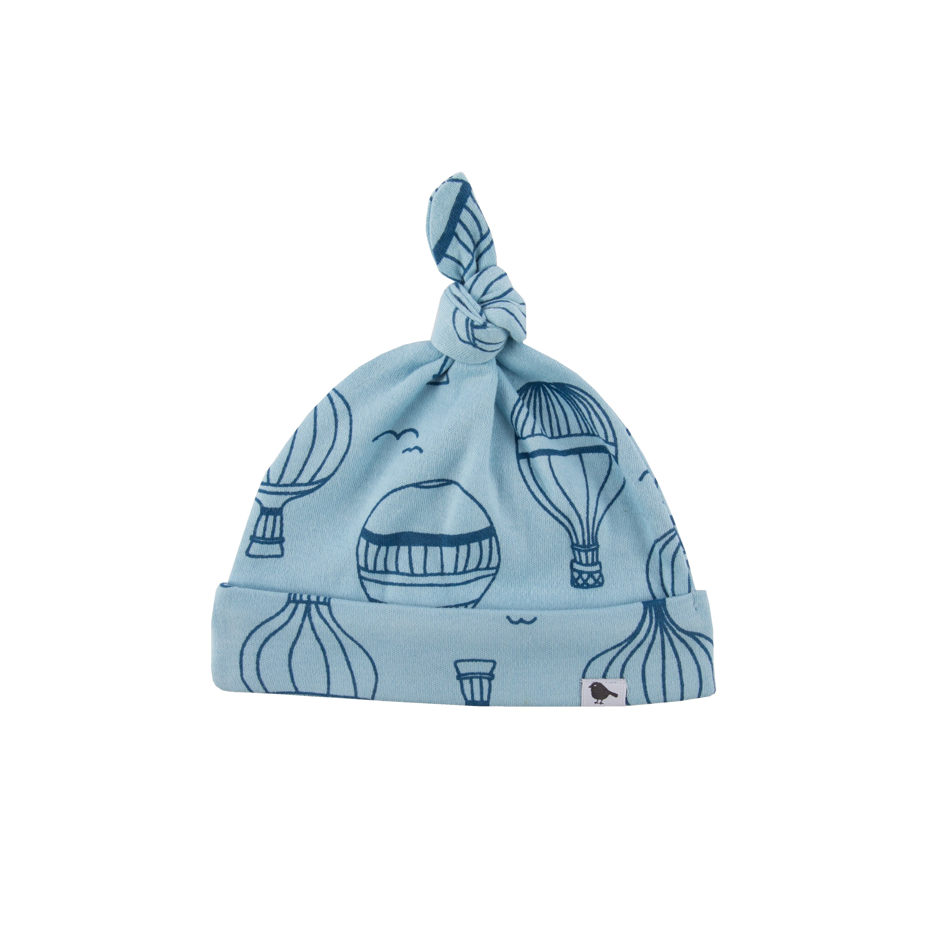 Blue baby hat with hot air balloon pattern 