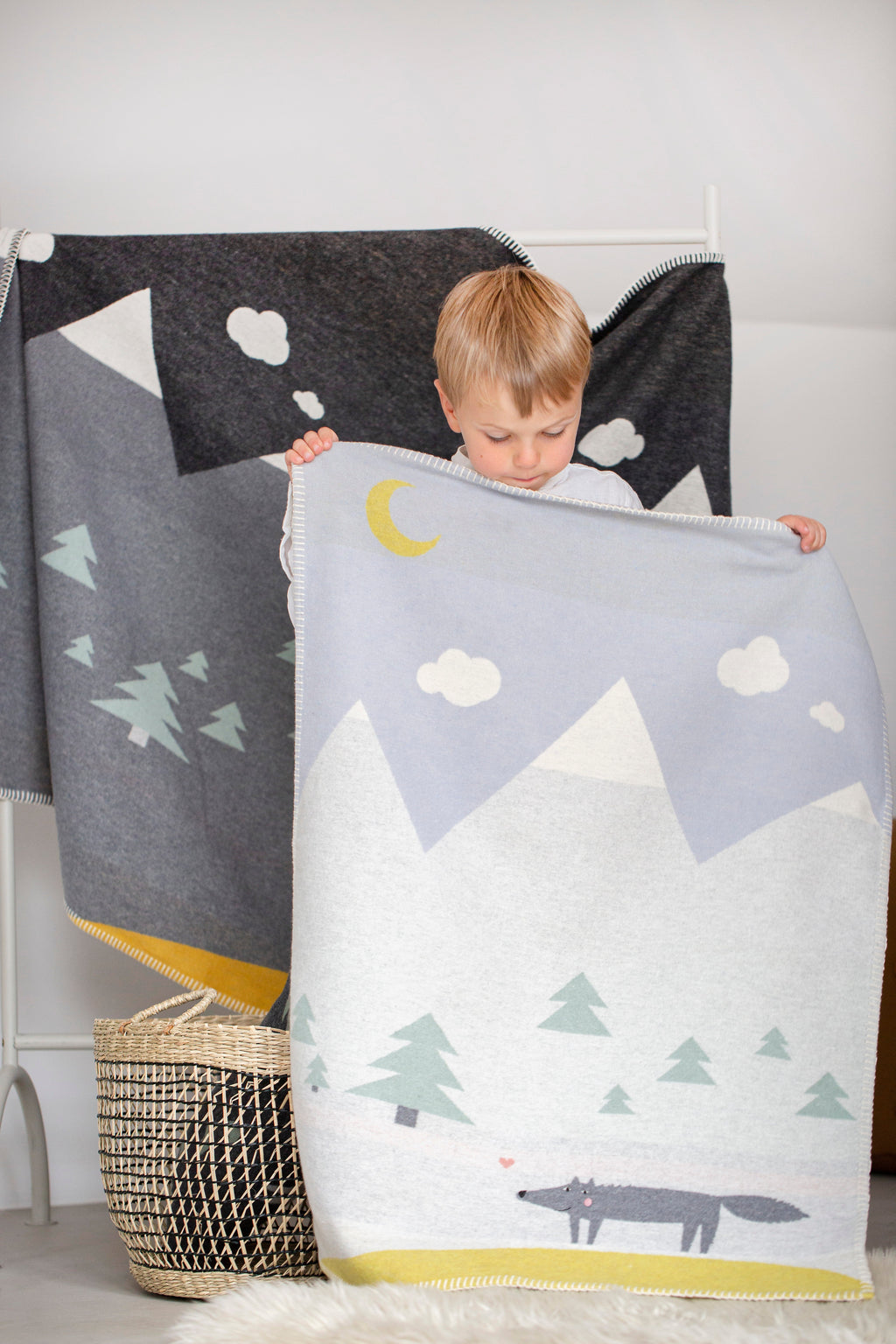 Light Blue Embroidered Wolf Lili Bassinet Blanket