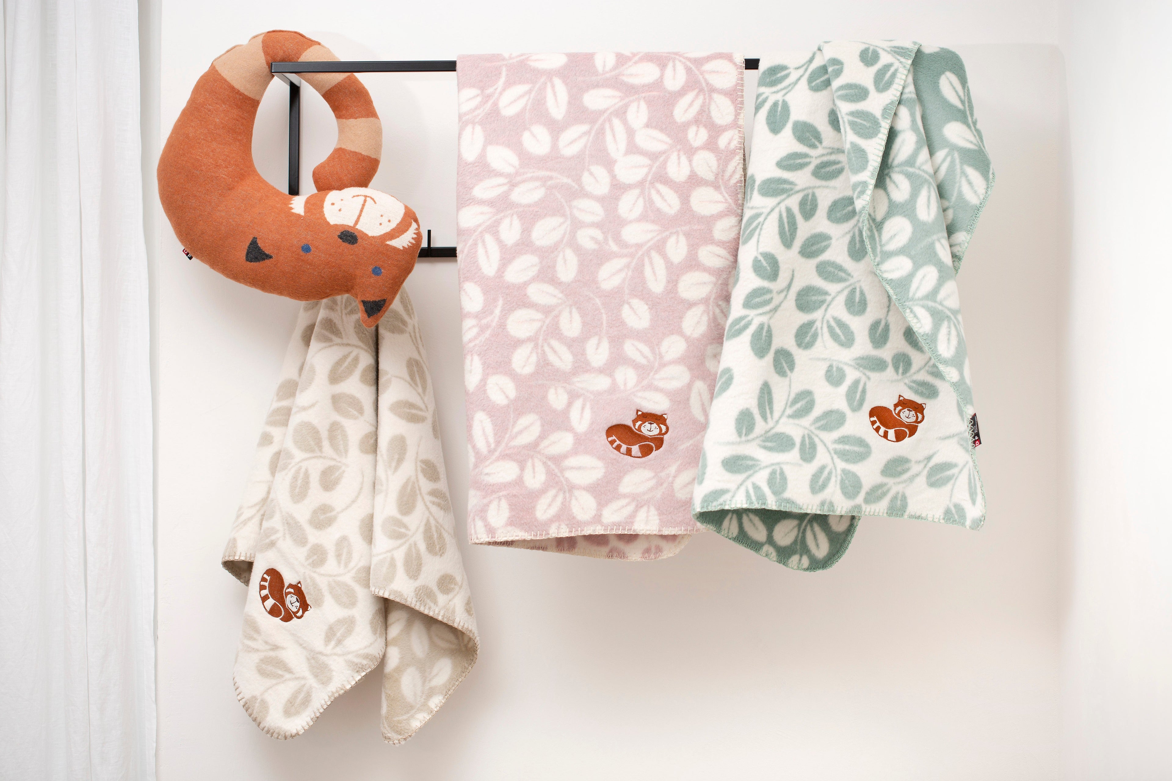 Ecru Leaves with Embroidered Red Panda Bassinet Blanket