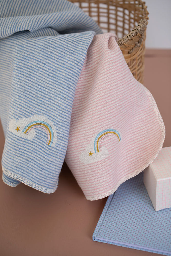 Blue Stripes with Embroidered Rainbow Juwel Bassinet Blanket