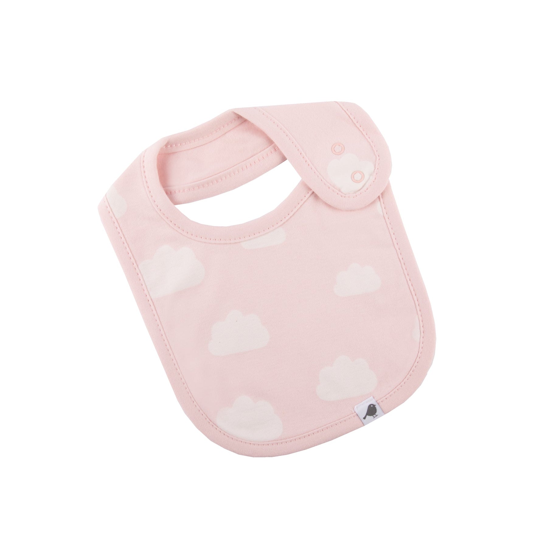 Pink baby bib with white clouds