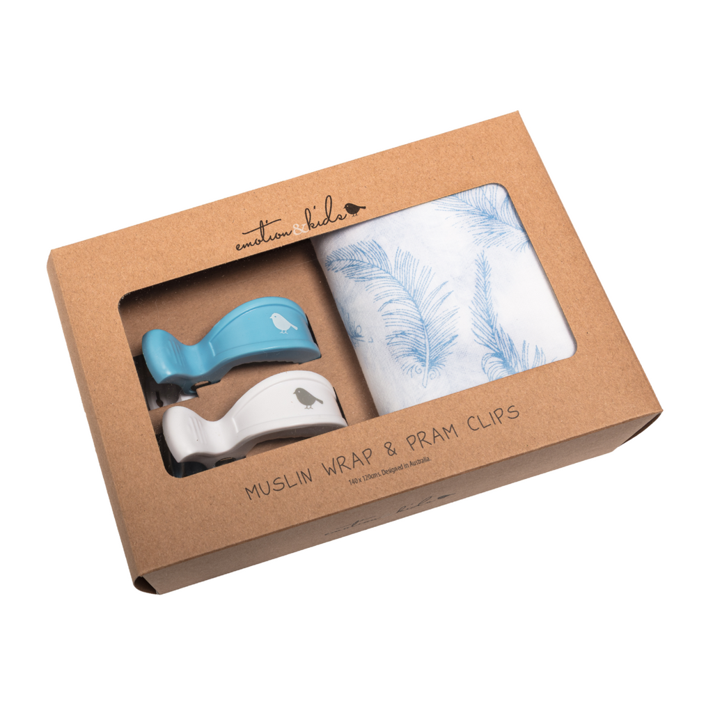 Blue Feather Muslin Wrap & Blue White Pram Clip Set