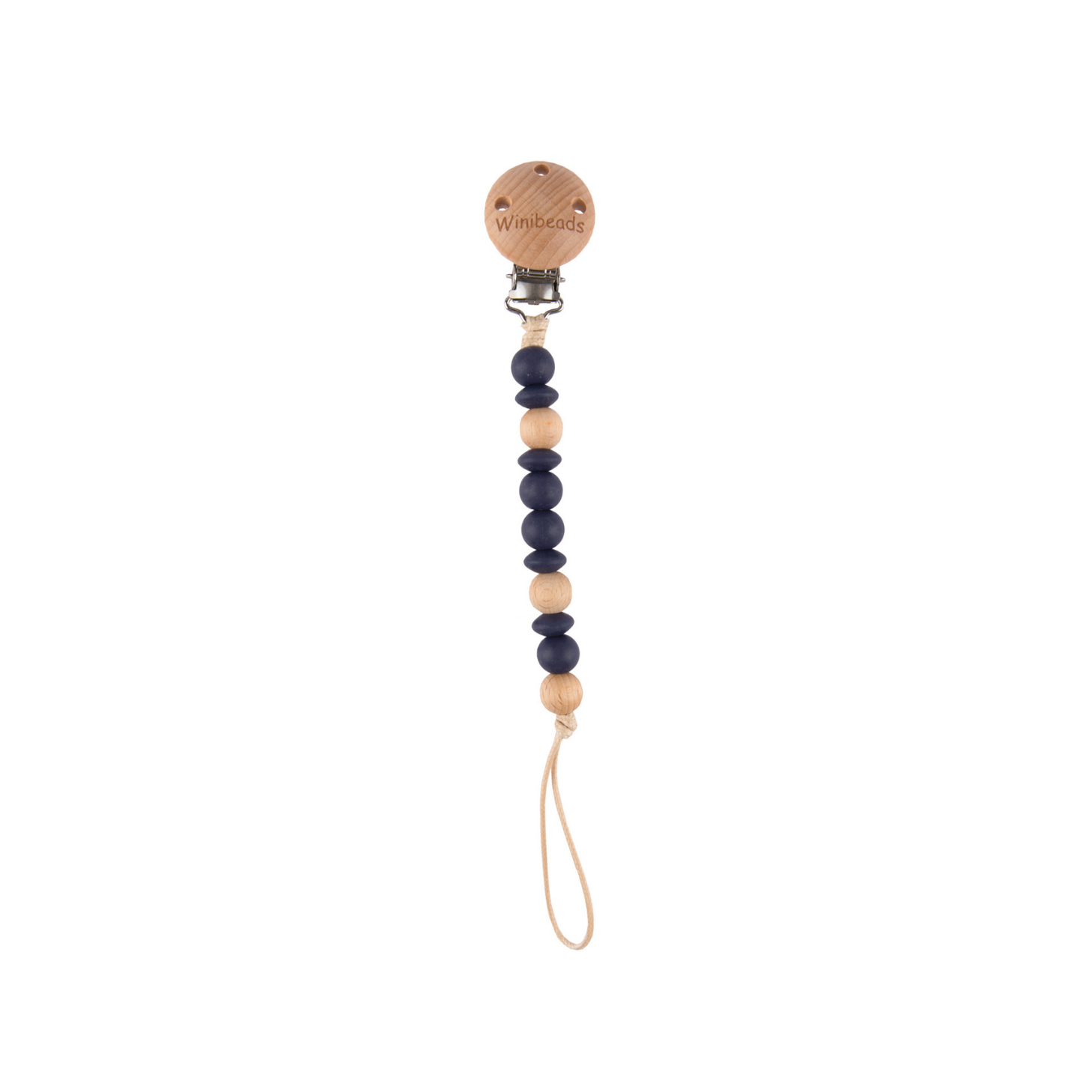Beaded pacifier clip with wooden accents on a white background