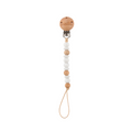 Pacifier clip with wooden beads on a white background