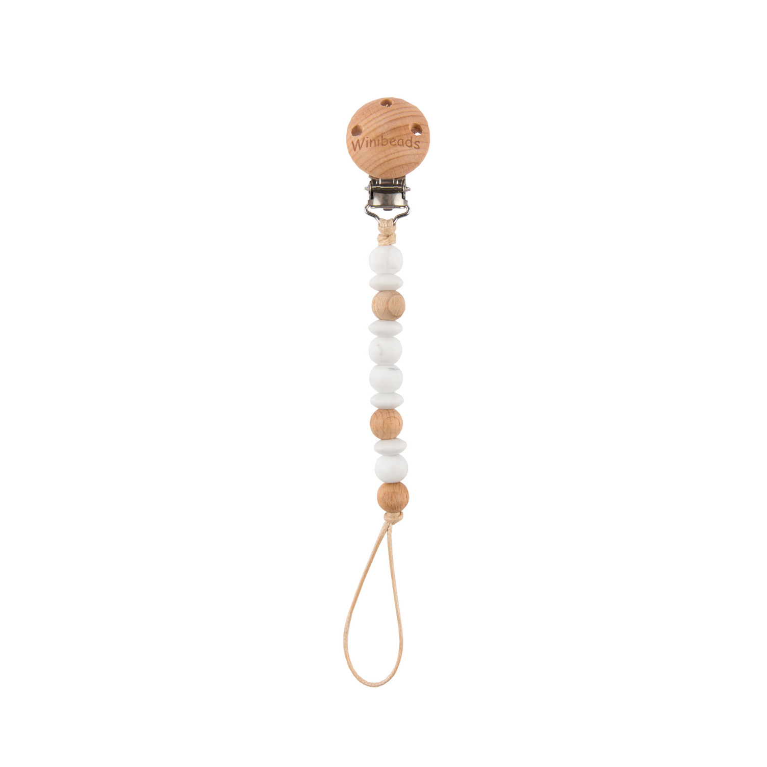 Pacifier clip with wooden beads on a white background