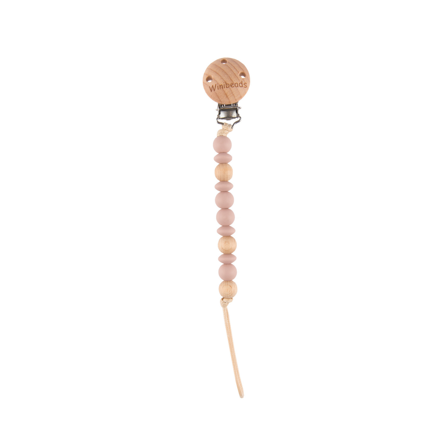 Dusty Pink Beaded pacifier clip with wooden top on a white background