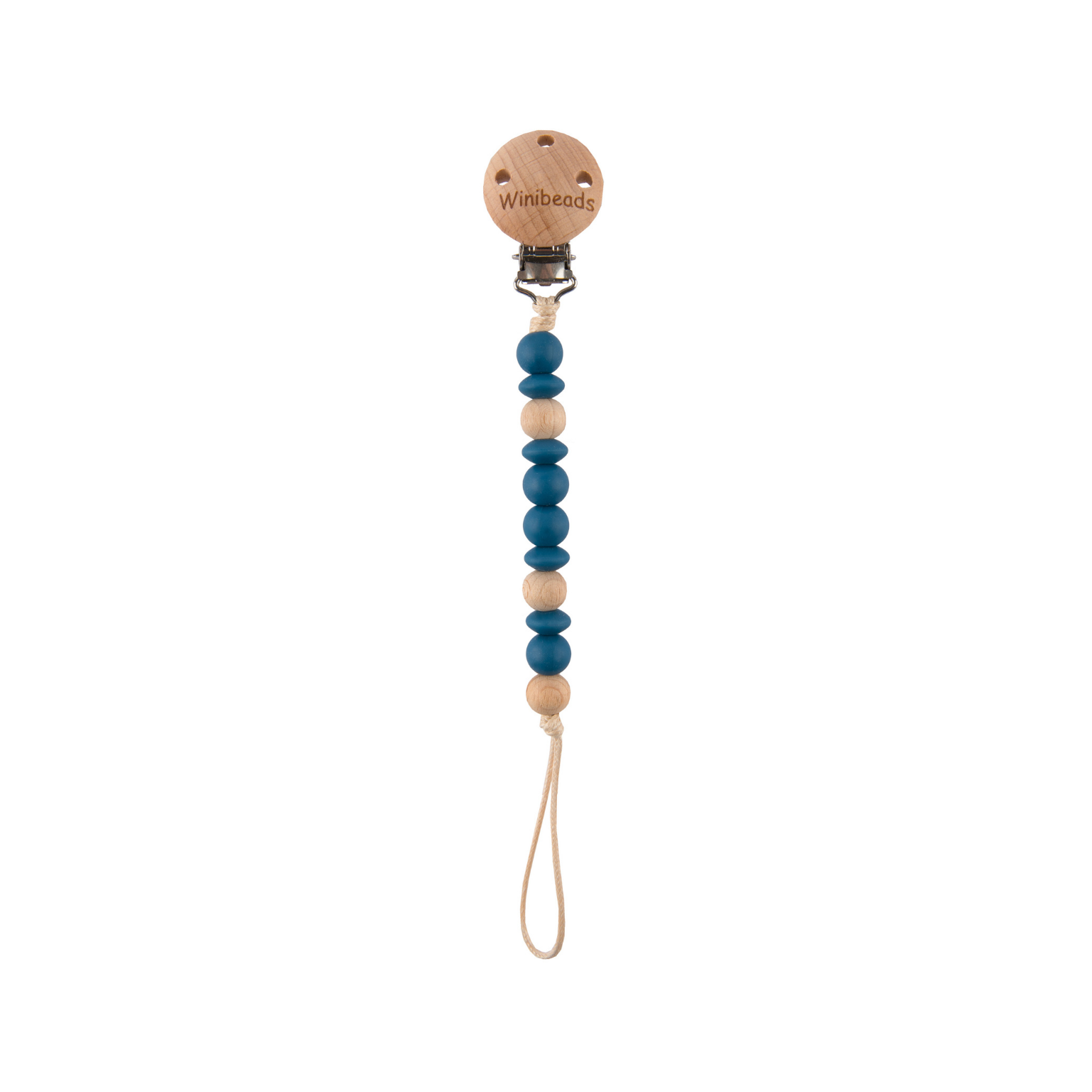 Wooden pacifier clip with blue beads on a white background