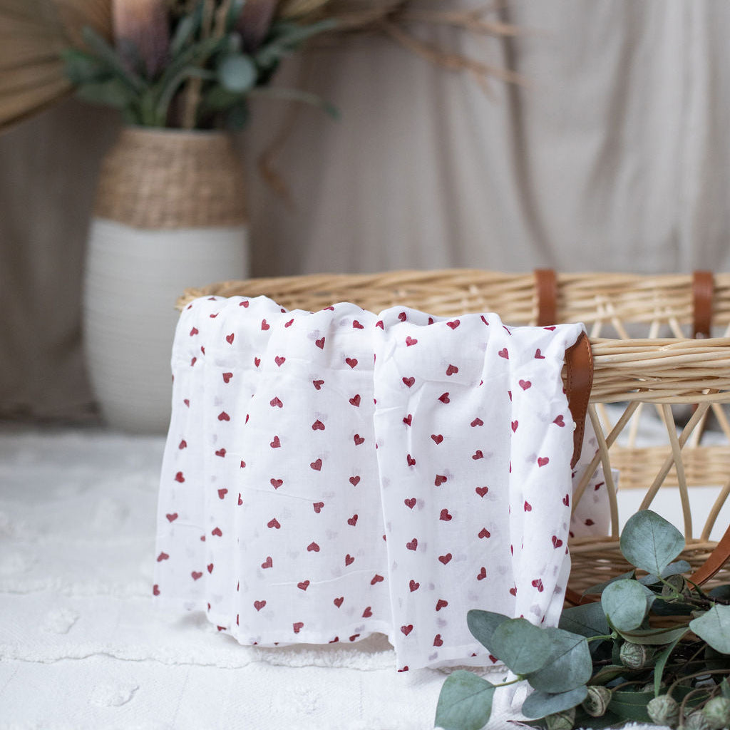 White Muslin Wrap with Red Hearts